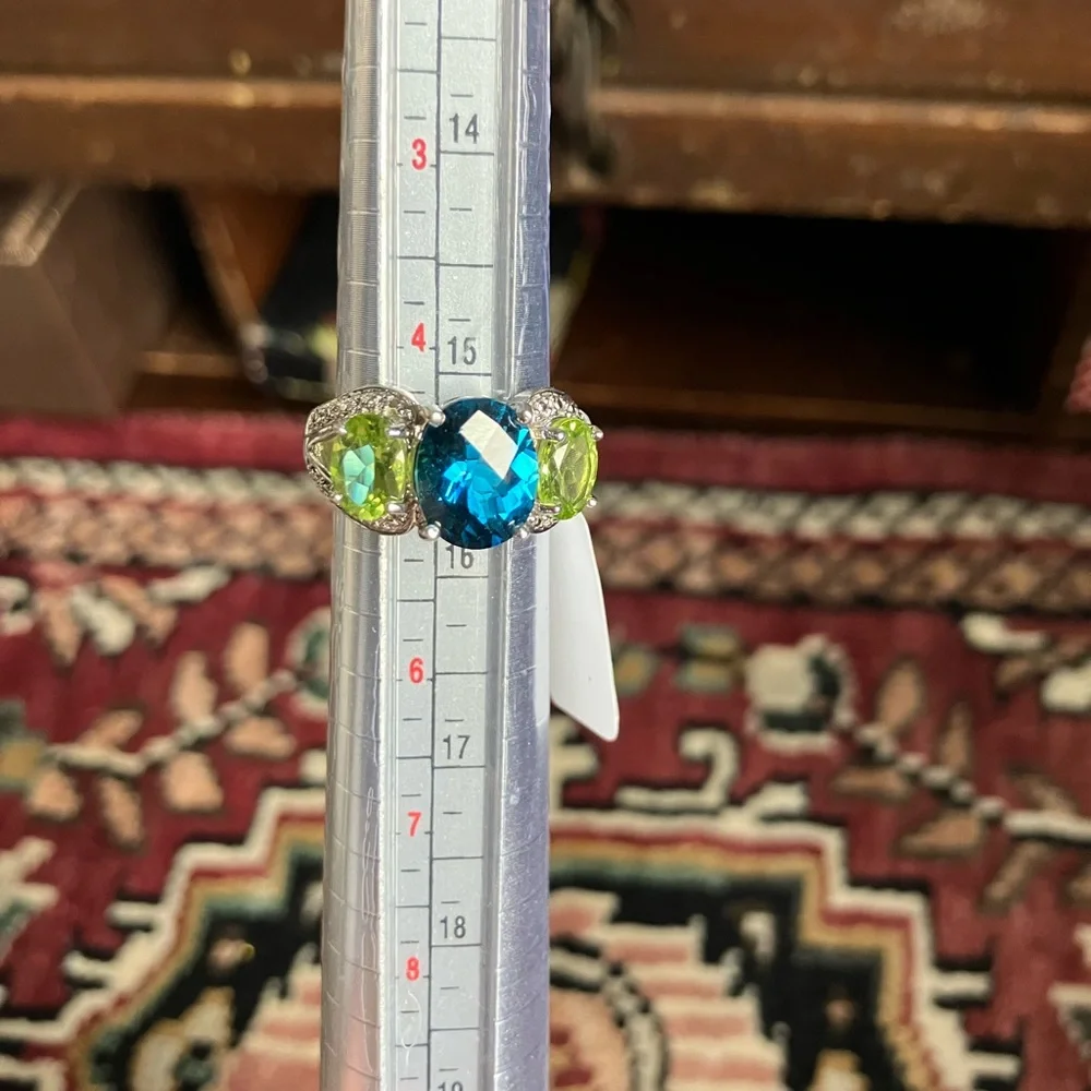 New! Geniune Tanzanite & Peridot SS Ring  w/ Diamond chip accent. - Picture 5 of 8